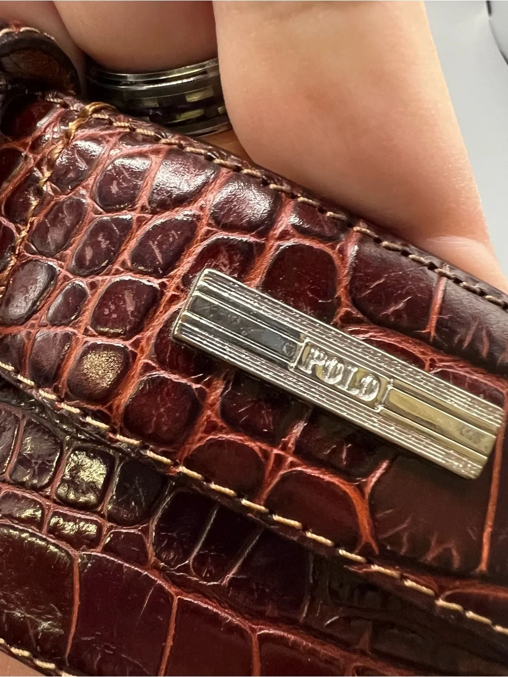 Polo Ralph Lauren Belt Mens 36 Italian Leather Croc Embossed Brown Silver Buckle